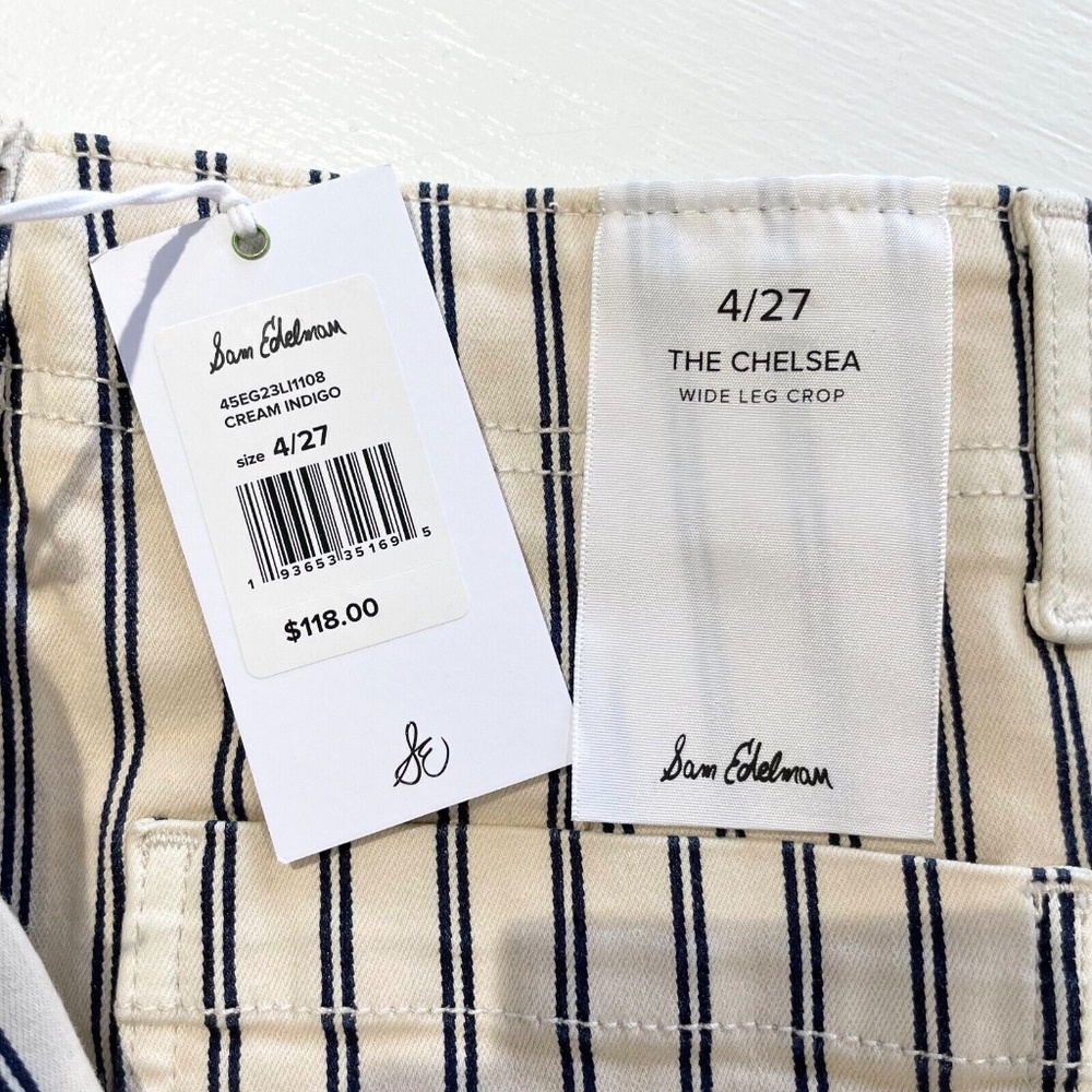 New Sam Edelman Striped Wide Leg Cropped Pants Chelsea Cream Indigo Size 27 / 4 - Picture 12 of 16